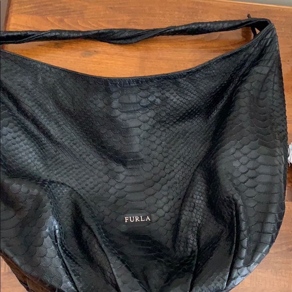 Furla black leather snakeskin hobo bag